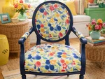 Vintage Ethan Allen Accent Chair - Painted Blue With Fruit & Floral Upholstery Used. Price: $495.00.