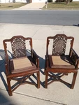 Antique Chinese Carved Brown Wood Chairs Pair With Cane Seats, China Origin. Price: $200.00.