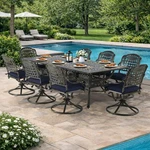 9-PIECE Outdoor Cast Aluminum Dining Set Patio Furniture Table And Swivel Chairs New. Price: $2099.99.