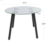 Bestano 5-PIECE Round Glass Dining Set Beige Linen Chairs Black Solid Wood Legs Used. Price: $250.00.