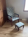 Nemschoff Accent Chair & Ottoman Geometric Pattern Gray Brown Wood Upholstered Used. Price: $350.00.