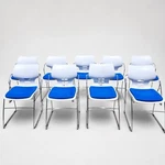 Set 9 Stackable Office Training Chairs Blue White Chrome Sled Base Cazma CH10 Used. Price: $179.89.