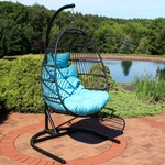 Resin Wicker Hanging Egg Chair With Steel Stand/cushions - Blue By Sunnydaze New. Price: $469.00.