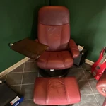 Ekornes Red Reclinable Recliner Chair With Ottoman, Dark Wood Frame Used. Price: $1130.00.