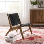 Saorise Wood Accent Lounge Chair - Woven Leather Seating Walnut Black New. Price: $183.00.