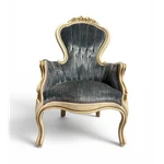 Kimball Victorian Chair, Mahogany Wood, Pewter Velvet, Gold Finish- 1973 Used. Price: $2000.00.