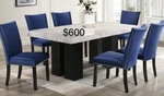 Steve Silver Camila Marble Dining Set For 6, Blue Velvet Chairs, Counter Height Used. Price: $600.00.