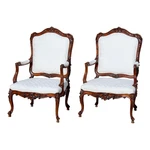 Antique French White Upholstered Walnut Armchairs 19TH Century Hand-carved Used. Price: $2495.00.