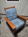 Bassett Mission Style Wooden Frame Blue Upholstered Accent Chair Used. Price: $400.00.