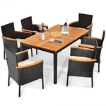 Patiojoy 7PCS Rattan Dining Set Armrest Cushioned Chair Wooden Tabletop New. Price: $419.99.