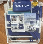 Nautica Folding Beach Chair W/ Backpack Straps, Headrest, Cup Holder Blue/white New. Price: $63.00.