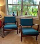 Pair Of Jens Risom Mcm Walnut, Teal Knoll Upholstered Accent Chairs U430 1950 Used. Price: $2900.00.