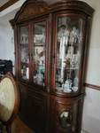 Traditional Dark Wood Dining Set With Table, 6 Damask Chairs, China Cabinet Used. Price: $2000.00.