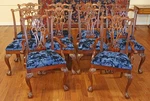 Set Of 10 Ethan Allen Mahogany Chippendale Style Dining Chairs With Blue Fabric Used. Price: $2895.00.