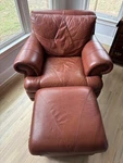 Softline Large Brown Italian Leather Club Chair And Ottoman Used. Price: $500.00.