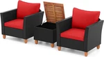 Red 3-PIECE Patio Furniture Set, Rattan Chairs & Acacia Wood Table, Cushions Inc New. Price: $349.99.