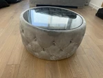 Benjara Pirana Ottoman Coffee Table- Gray Tuft Velvet- 25" Tempered Glass Used. Price: $200.00.