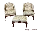 Pair Taylor King French Country Wingback Chairs & Ottoman Tommy Bahama Style Used. Price: $1750.00.