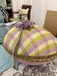 Large Fabric Easter Egg Crushed Velvet Green & Lavender Plaid Used. Price: $30.00.