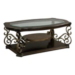 Benjara Cocktail Table With Glass Top And Scroll Accent- Brown New. Price: $502.99.