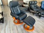 Fjords Muldal Large Recliner Chair + Ottoman - Black Leather Cherry Wood Stain New. Price: $1845.00.