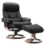 Fjords Muldal Large Recliner Chair + Ottoman - Black Leather Walnut Wood Stain New. Price: $1845.00.